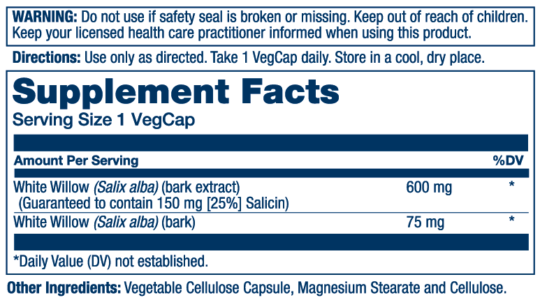 White Willow Bark Extract 600mg 60 Count
