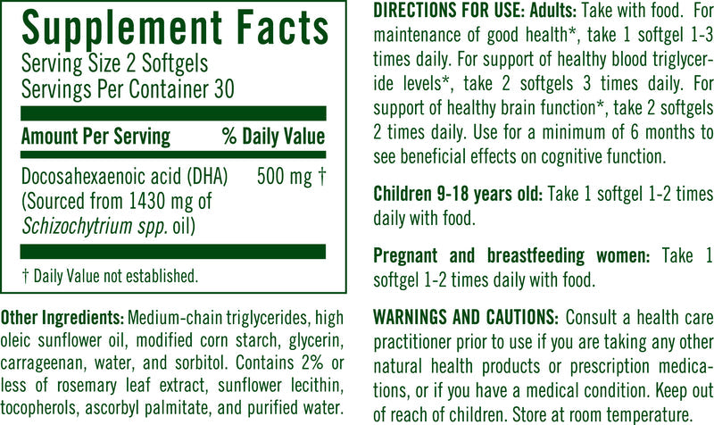 DHA Vegetarian Algae 60 Count