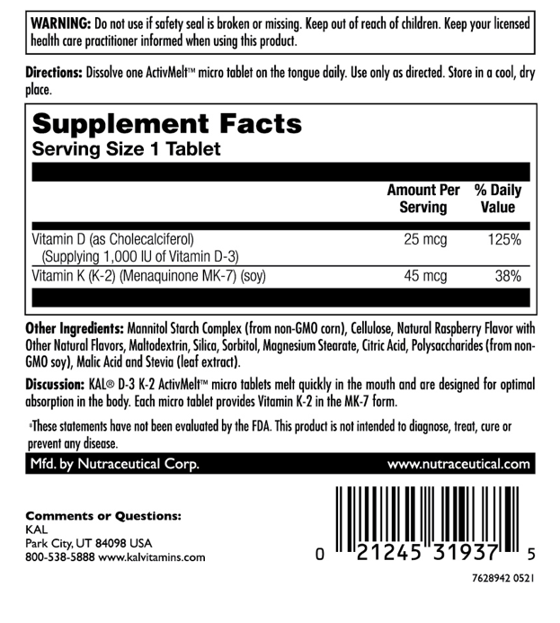 Vitamin D3 K2 (MK-7) Activmelt 60 Count