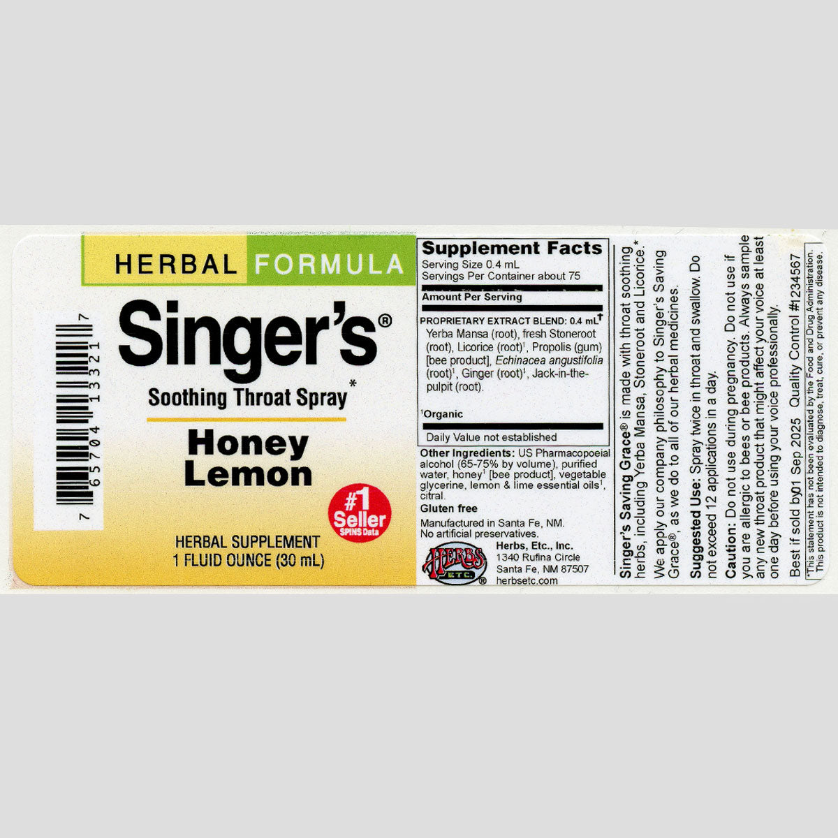 Singers Soothing Throat Spray Honey Lemon 1oz.