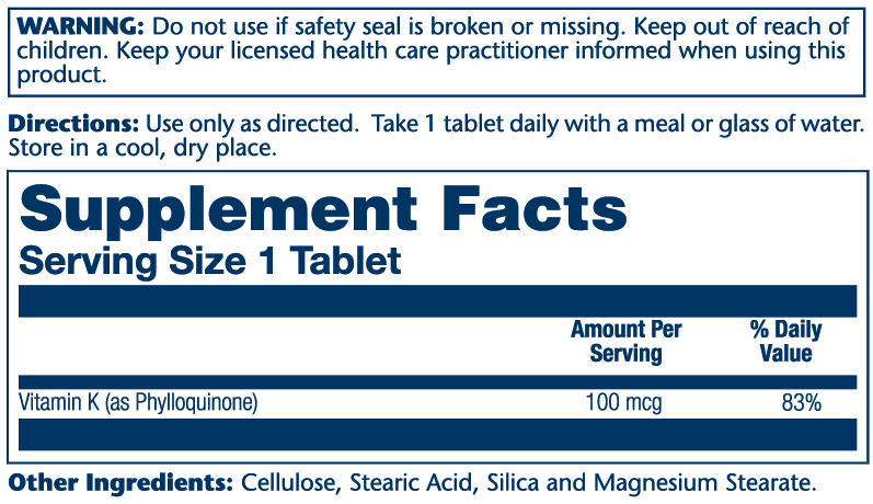 Vitamin K1 100mcg 100 Count