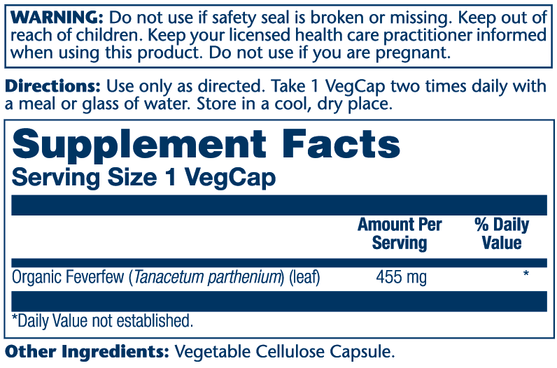 Organic Feverfew Leaf 455mg 100 Count
