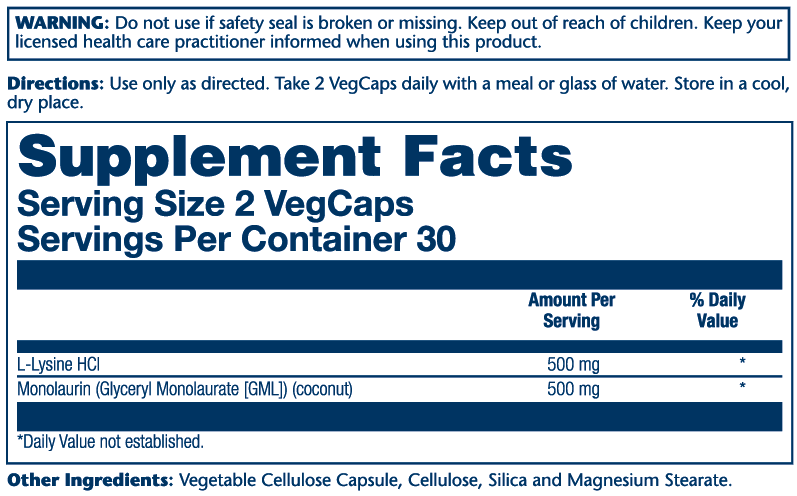 L-Lysine & Monolaurin 1:1 Ratio 60 Count