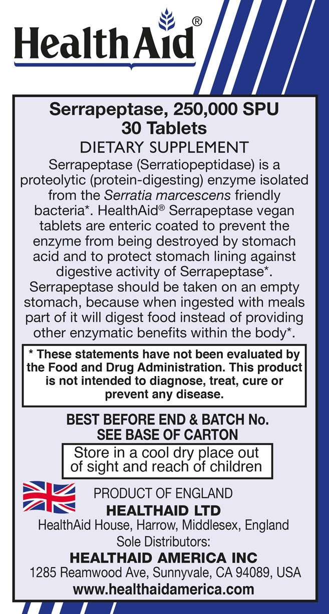 Serrapeptase 250,000 SPU 30 Count
