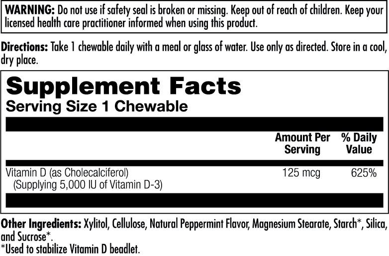 Vitamin D3 125mcg (Peppermint) Chewables 60 Count