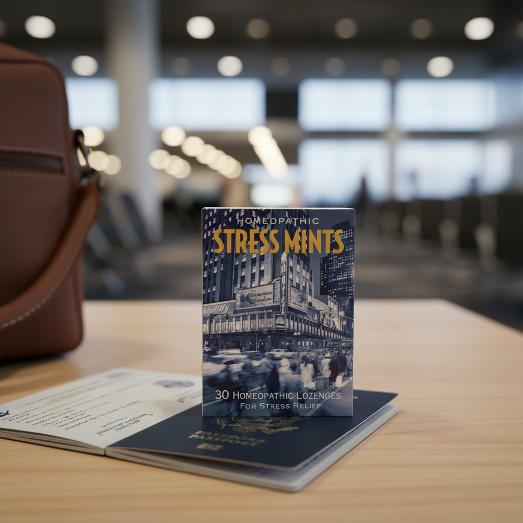 A pack of Stress Mints Peppermint placed on top of a passport, with a blurred background suggesting a travel or medical setting.