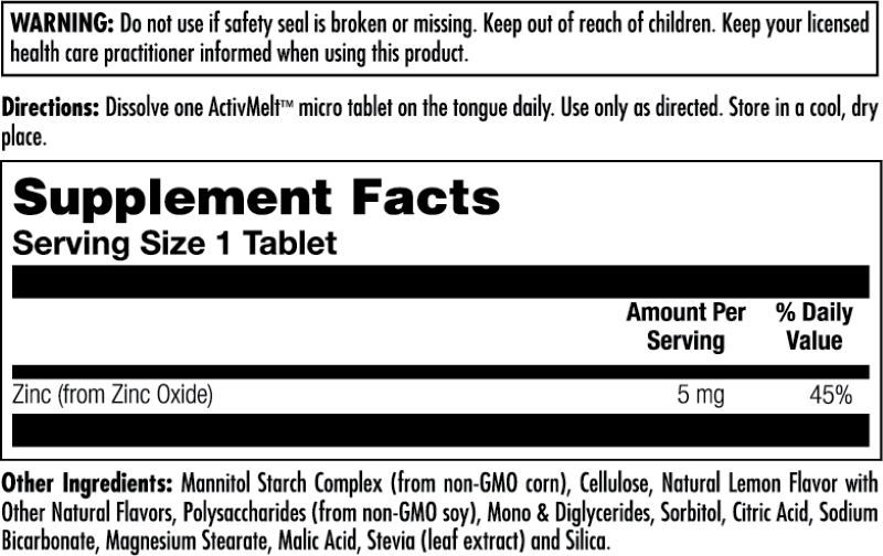 Zinc Activmelt 5mg 60 Count