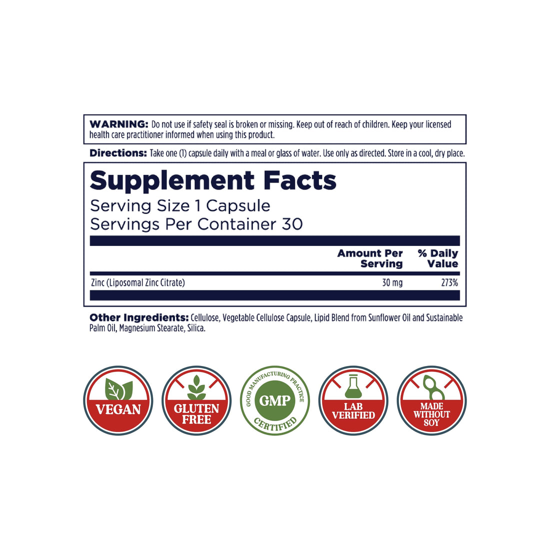 Liposomal Zinc 30mg 30 Count