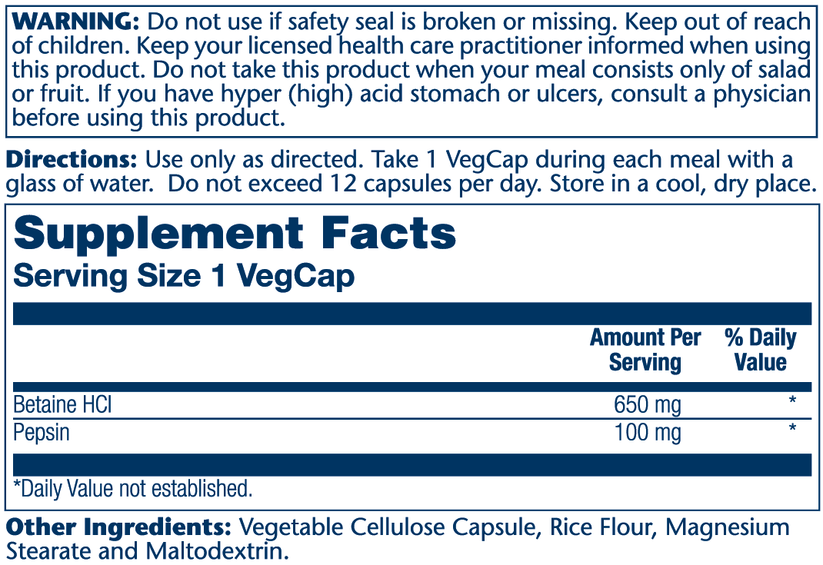 High Potency Betaine HCI W/Pepsin 100 Count