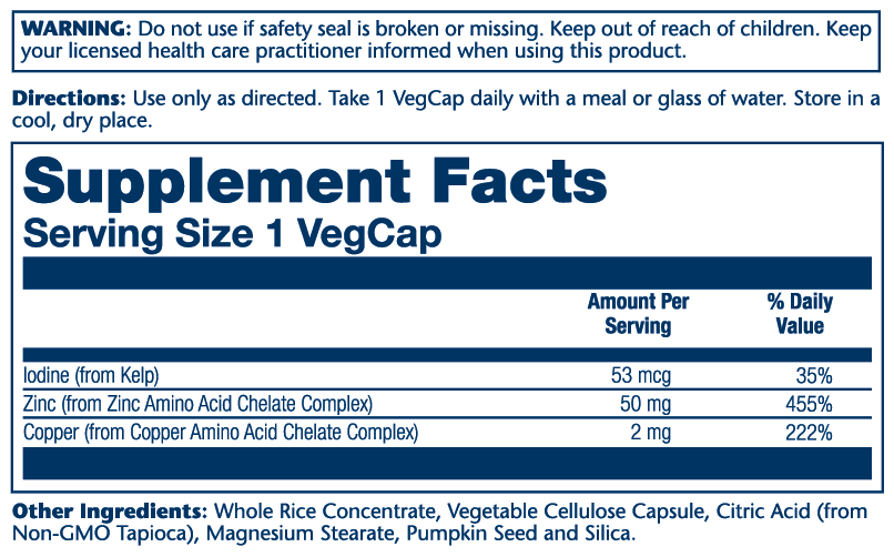 Zinc & Copper W/Kelp & Pumpkin Seed 100 Count